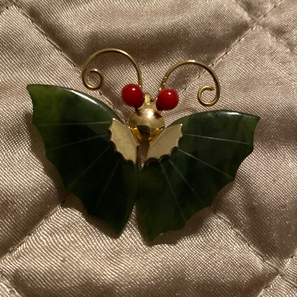 Genuine Jade and Coral Butterfly Pendant Pin Brooch